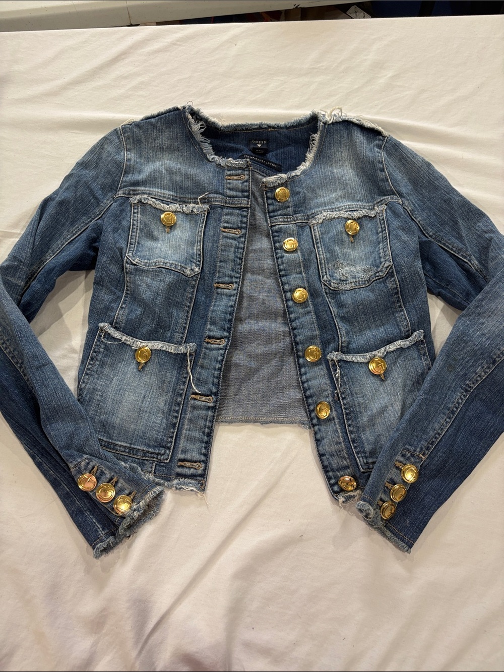 GUESS Medium Blue Distressed Denim Jacket with Gold Buttons